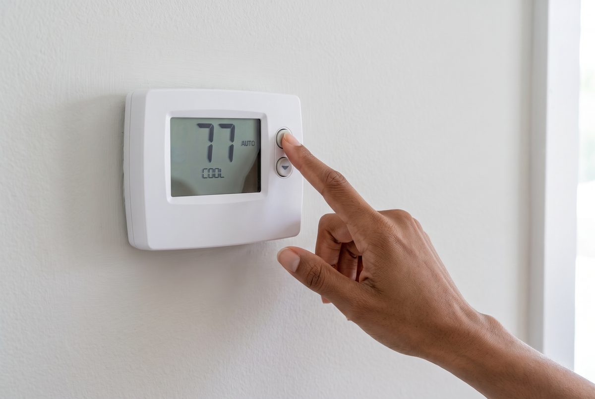 Illustration: a hand sets a wall thermostat to 77, COOL and AUTO