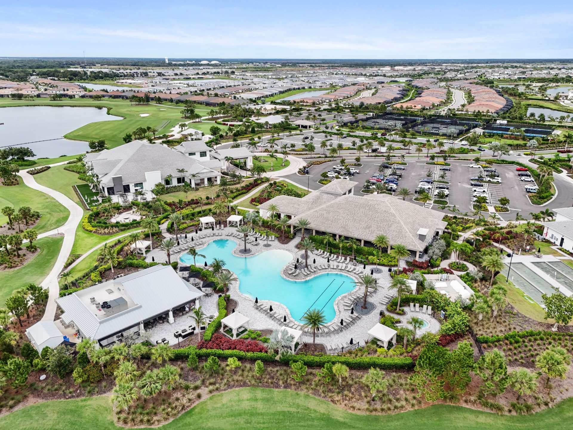 Aerial view of a Lakewood Ranch amenity campus with resort pool and clubhouse
